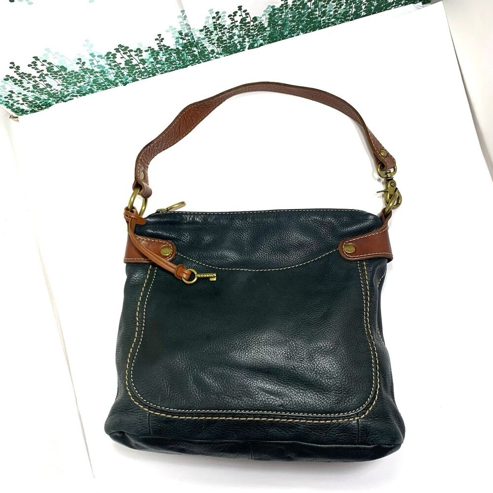 Fossil Black Brown Leather Satchel Shoulder Purse With Charm Womens